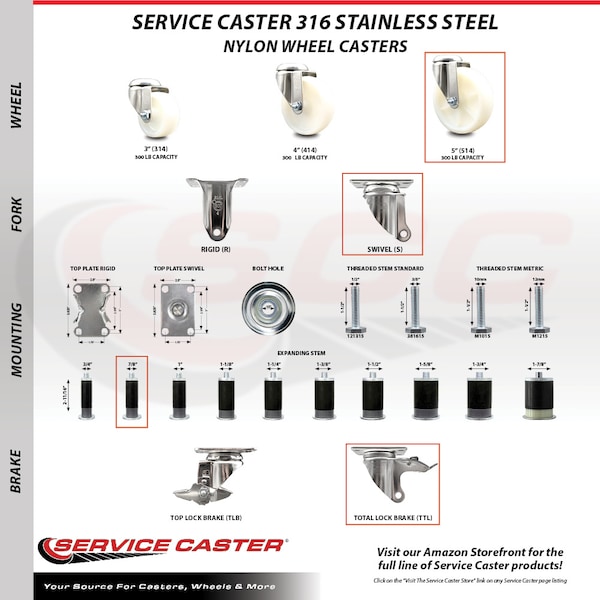 Service Caster 5 Inch 316SS Nylon Swivel 7/8 Inch Expanding Stem Caster Lock Brake SCC, 2PK SCC-SS316TTLEX20S514-NYS-2-S-2-78 - main